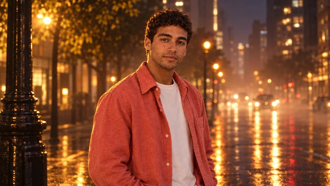 AI-generated cinematic portrait of a fictional adult on a city street
