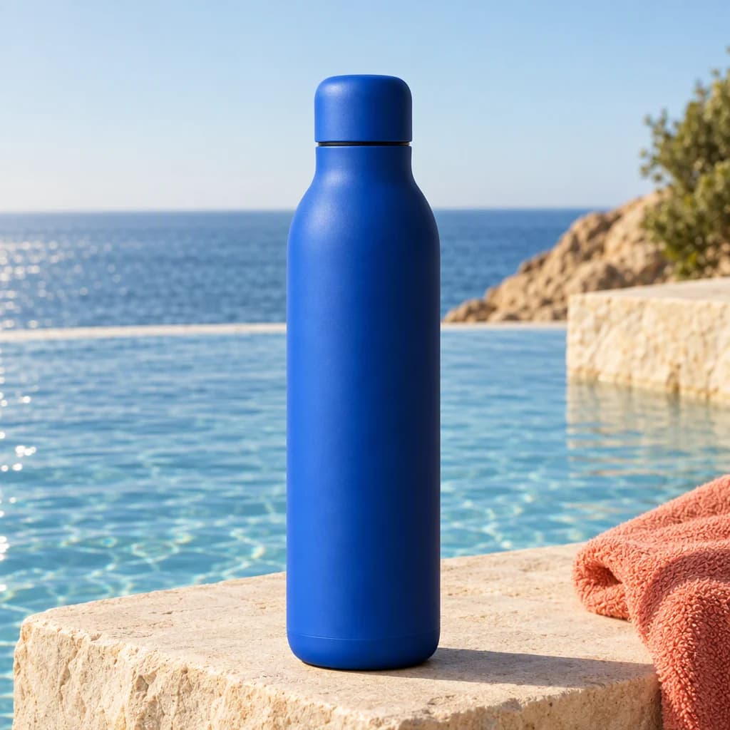AI-generated blue bottle beside a sunlit pool overlooking the sea
