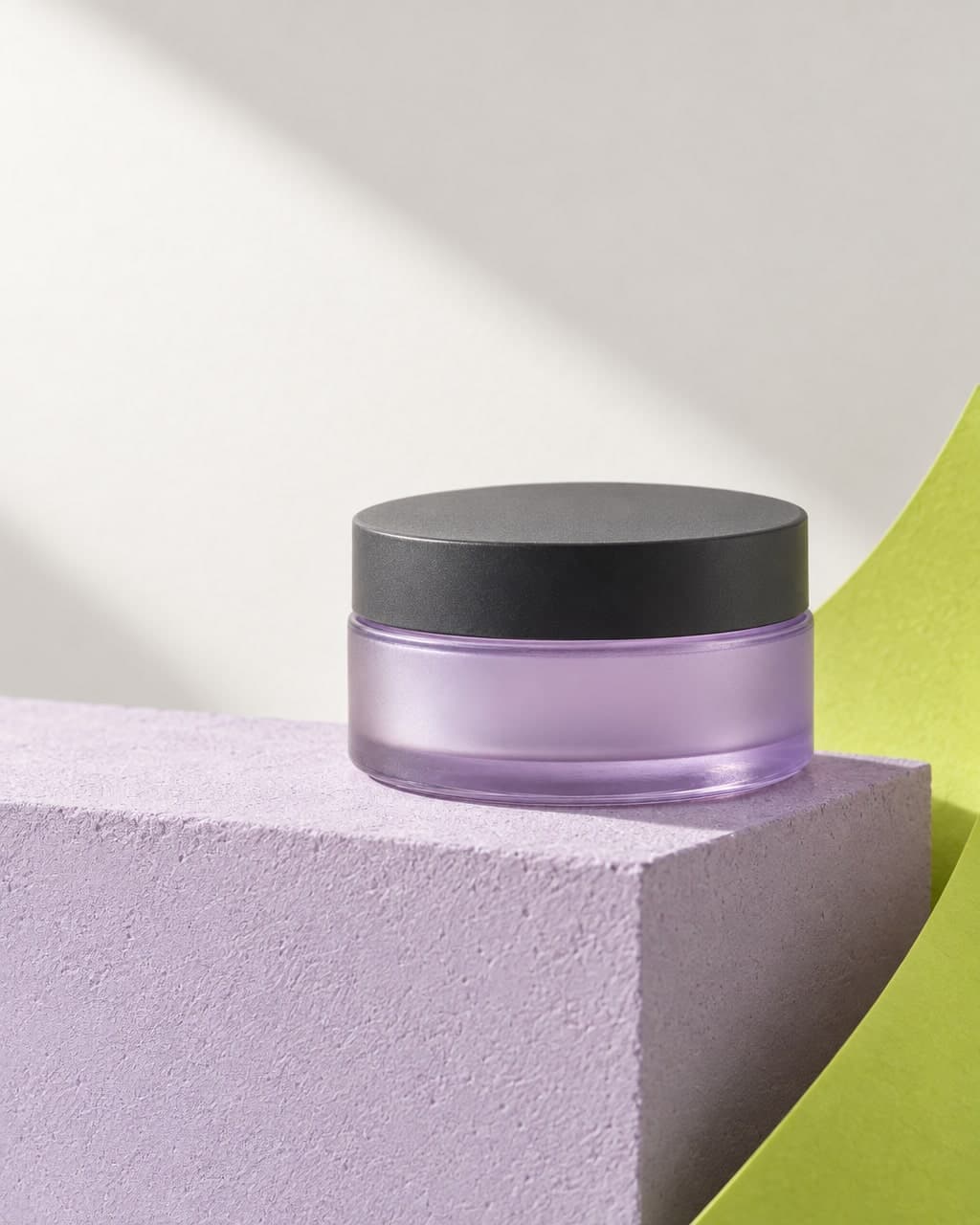 Original AI product photograph of a violet skincare jar on a lilac and lime set