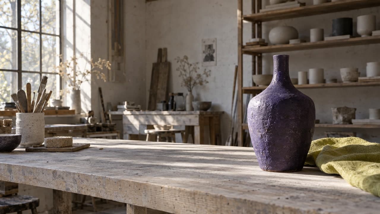 Original AI photograph of an atmospheric ceramic-making studio